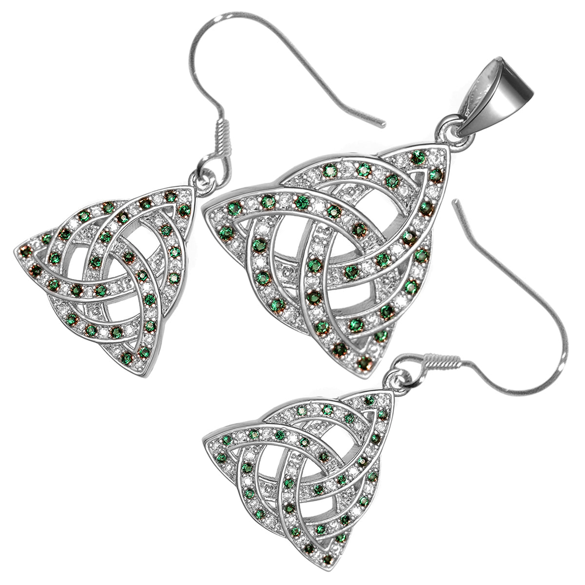18K White Gold Coated Jewellery Set Celtic Trinity Knot Interlaced with Circle Ornated with CZ Stones Earrings and Pendant Necklace