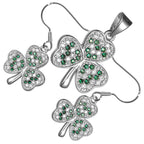 18K White Gold Coated Jewellery Set Shamrock Flower Dewed with Zircon Stones Earrings and Pendant Necklace