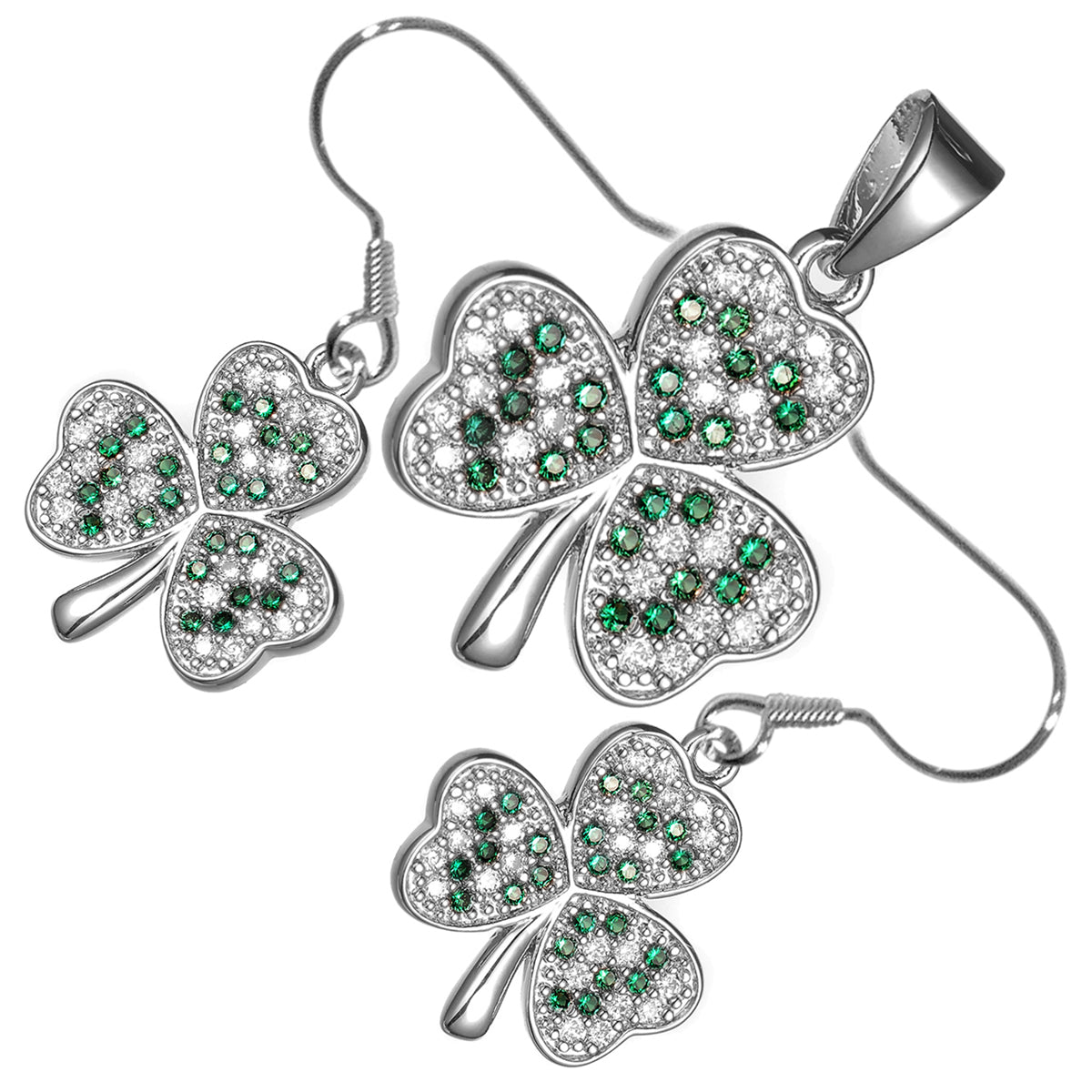 18K White Gold Coated Jewellery Set Shamrock Flower Dewed with Zircon Stones Earrings and Pendant Necklace