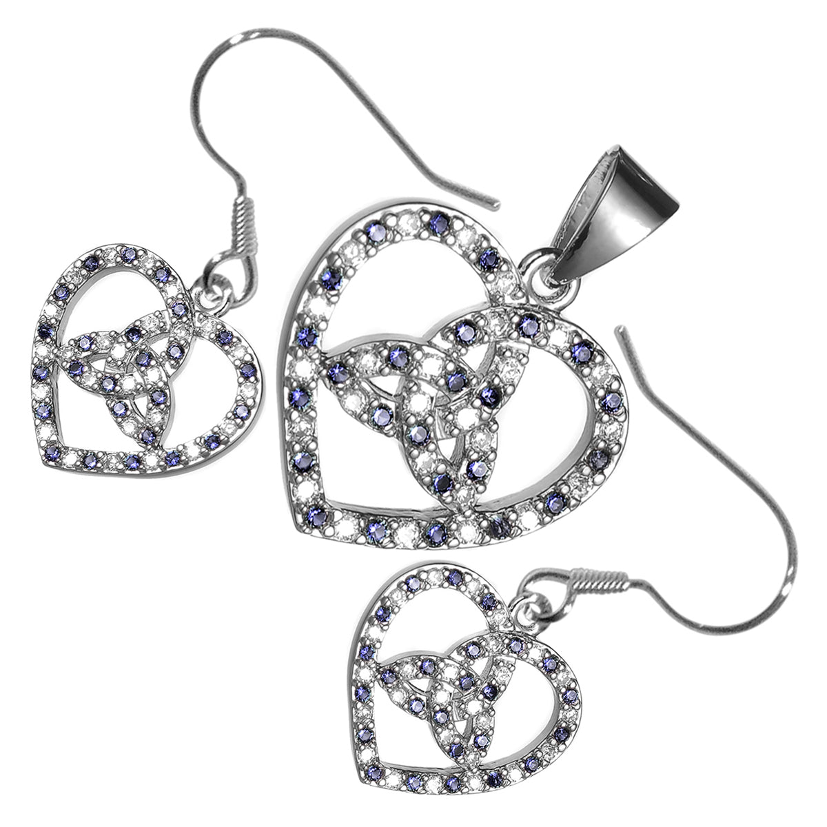 18K White Gold Coated Jewellery Set Celtic Trinity Knot Inside Heart Ornated with Zircon Stones Unusual Love Earrings and Pendant Necklace