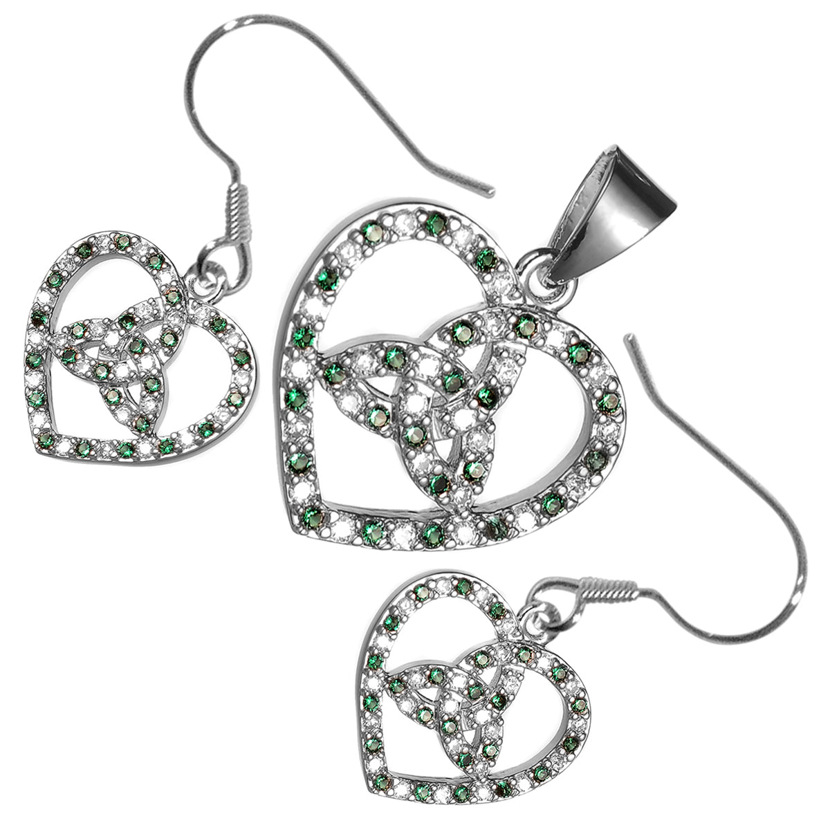 18K White Gold Coated Jewellery Set Celtic Trinity Knot Inside Heart Ornated with Zircon Stones Unusual Love Earrings and Pendant Necklace