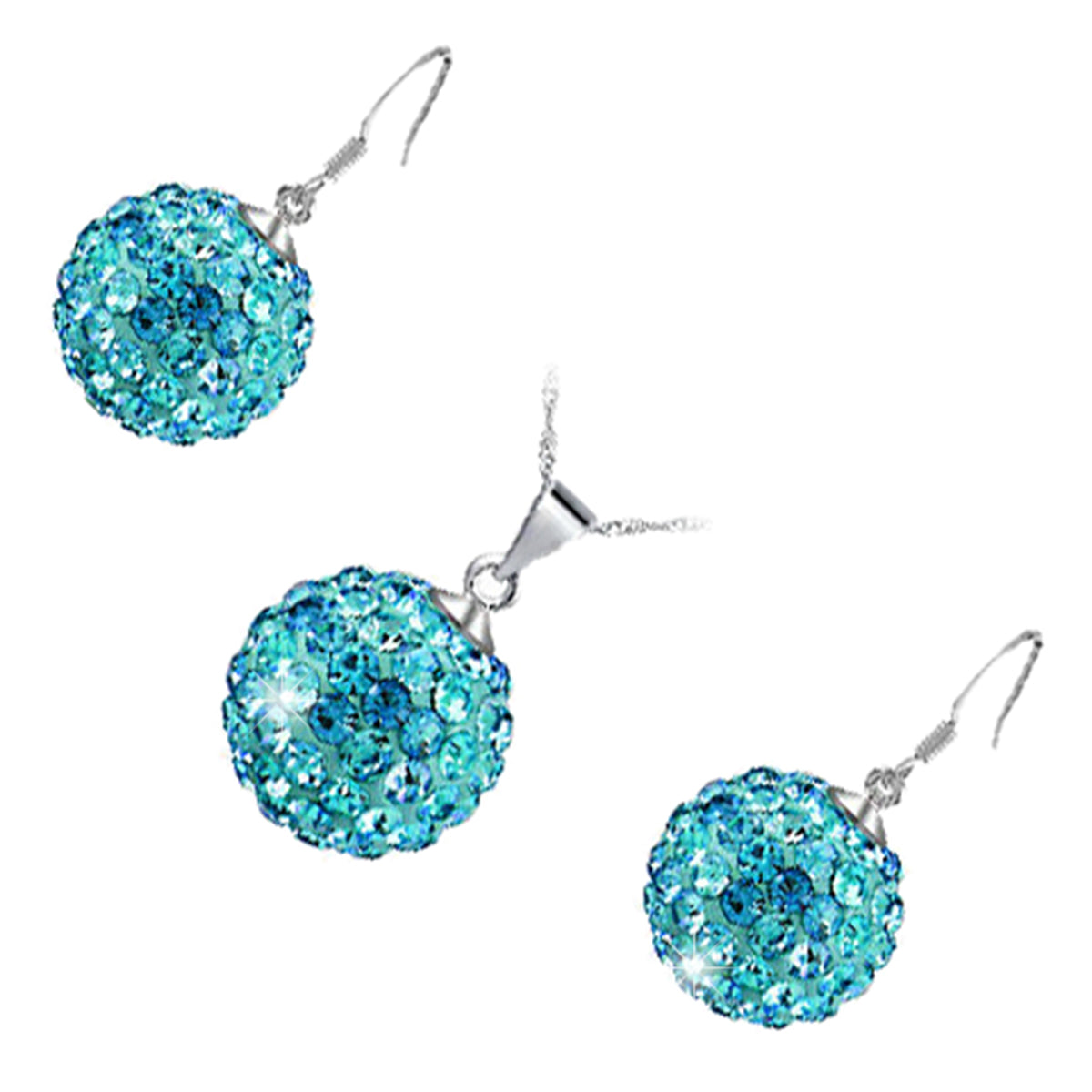 Jewellery Set 925 Sterling Silver Coated Pendant Necklace and Earrings Adorned with Sparkling Crystal Balls
