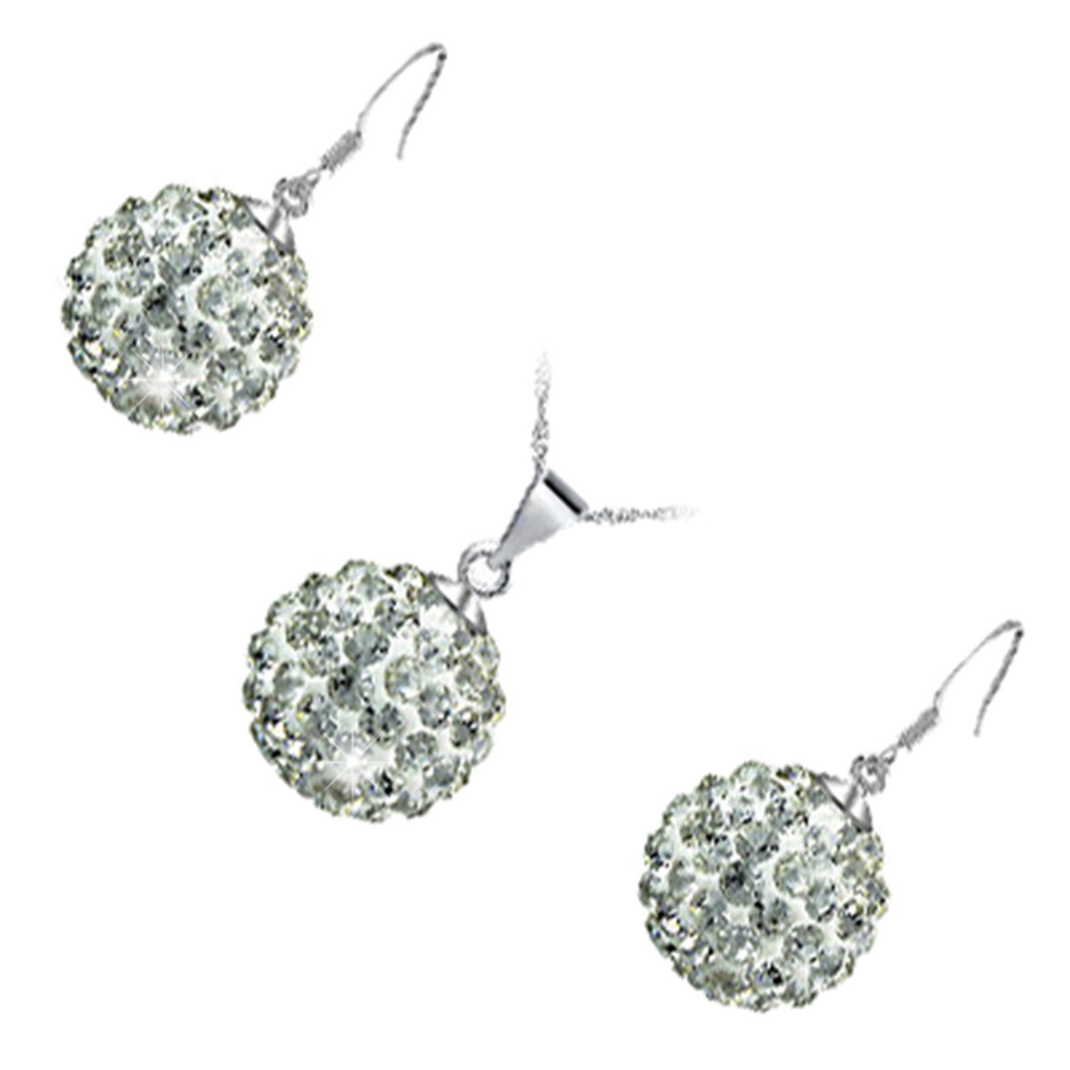 Jewellery Set 925 Sterling Silver Coated Pendant Necklace and Earrings Adorned with Sparkling Crystal Balls