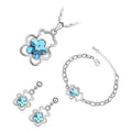 Jewellery Set 925 Sterling Silver Coated Pendant Necklace Earrings and Bracelet with Crystal Flower Held by Bear Animal