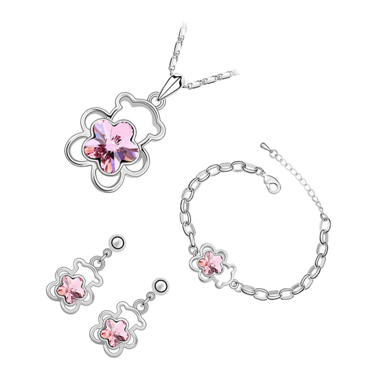 Jewellery Set 925 Sterling Silver Coated Pendant Necklace Earrings and Bracelet with Crystal Flower Held by Bear Animal