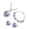 Jewellery Set 925 Sterling Silver Coated Pendant Necklace Earrings and Chain Bracelet with Round Cut Crystal in Heart Framing