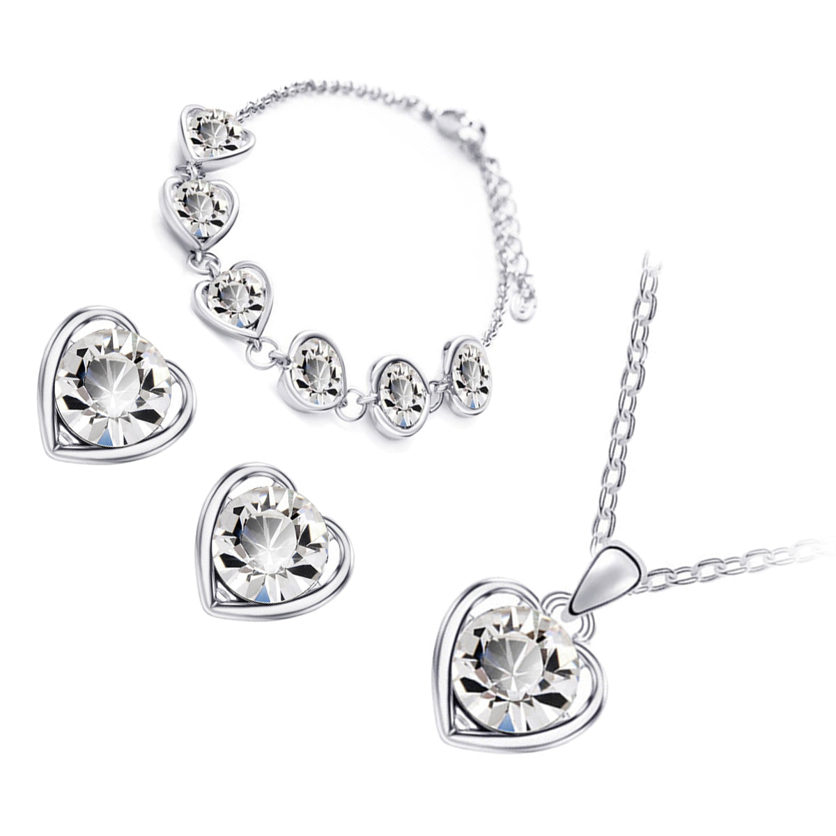 Jewellery Set 925 Sterling Silver Coated Pendant Necklace Earrings and Chain Bracelet with Round Cut Crystal in Heart Framing