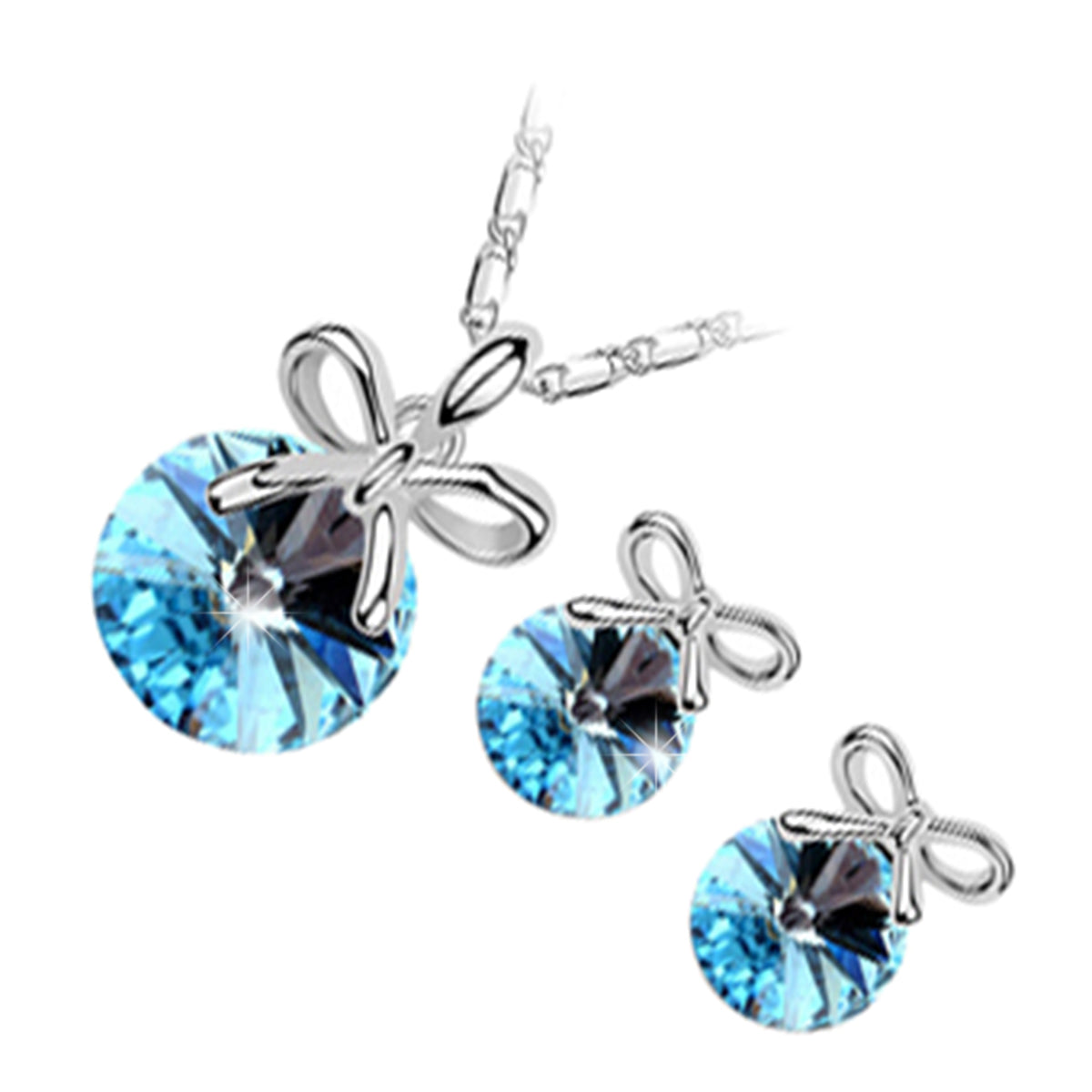 Jewellery Set 925 Sterling Silver Coated Pendant Necklace and Earrings with Round Cut Crystal Decorated with Festive Bow