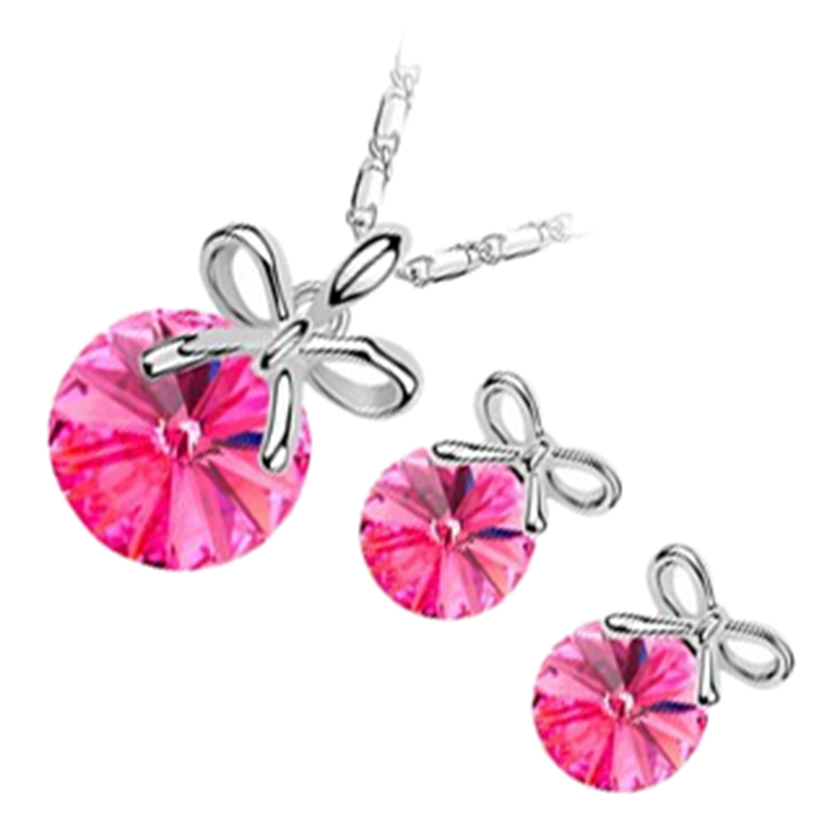 Jewellery Set 925 Sterling Silver Coated Pendant Necklace and Earrings with Round Cut Crystal Decorated with Festive Bow