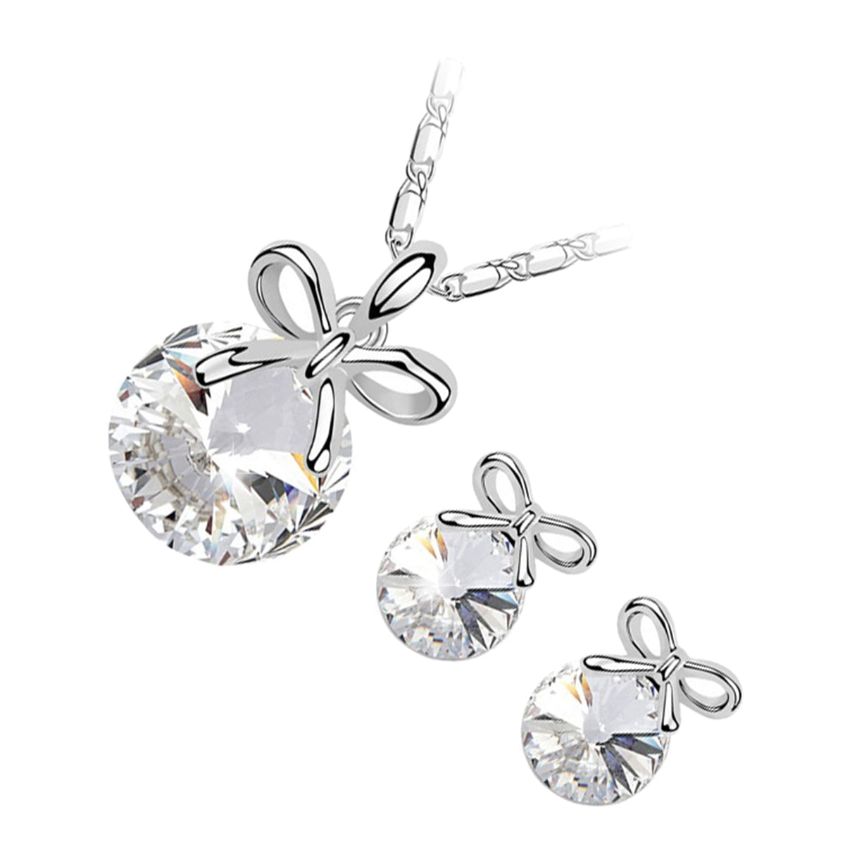 Jewellery Set 925 Sterling Silver Coated Pendant Necklace and Earrings with Round Cut Crystal Decorated with Festive Bow