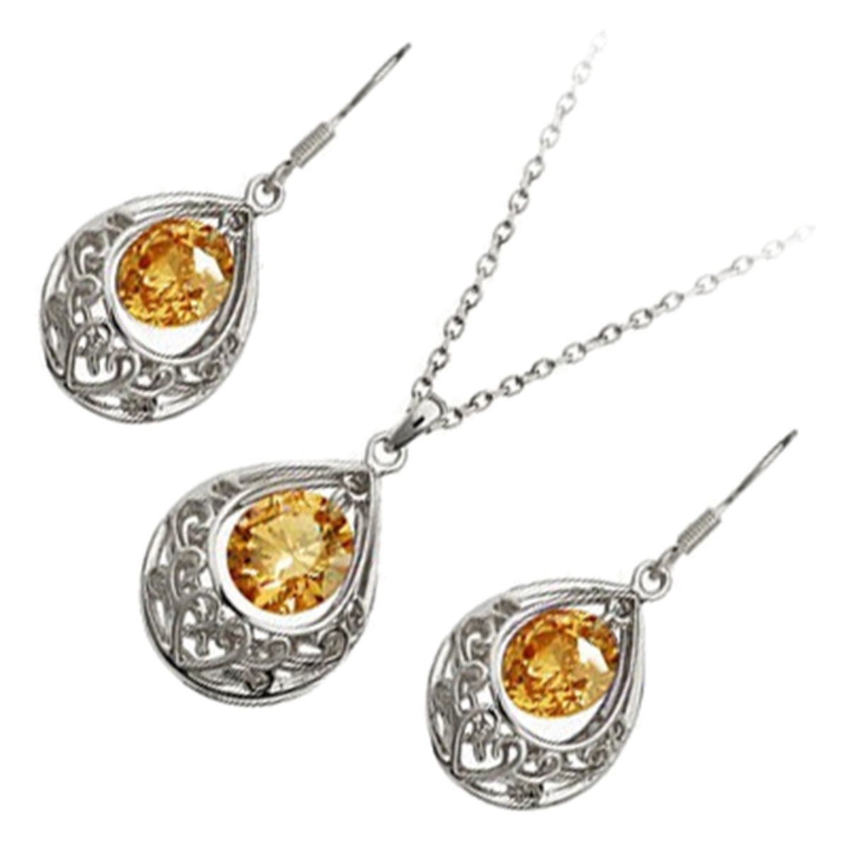 Jewellery Set 925 Sterling Silver Coated Vintage Filigree Pendant Necklace and Earrings with Round Zircon Stone Within Teardrop