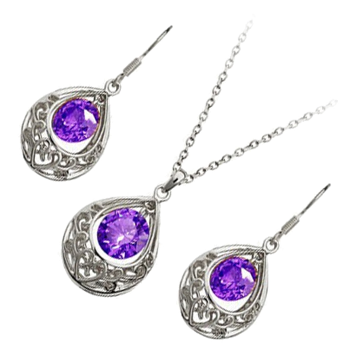 Jewellery Set 925 Sterling Silver Coated Vintage Filigree Pendant Necklace and Earrings with Round Zircon Stone Within Teardrop