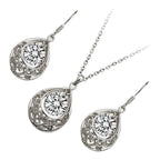 Jewellery Set 925 Sterling Silver Coated Vintage Filigree Pendant Necklace and Earrings with Round Zircon Stone Within Teardrop