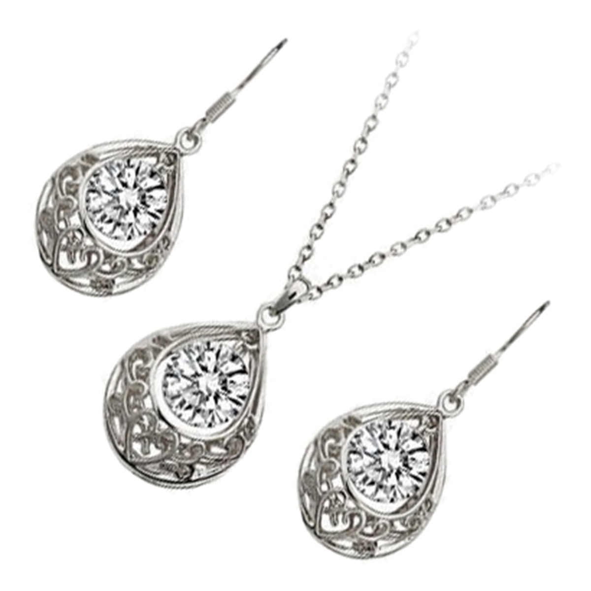 Jewellery Set 925 Sterling Silver Coated Vintage Filigree Pendant Necklace and Earrings with Round Zircon Stone Within Teardrop