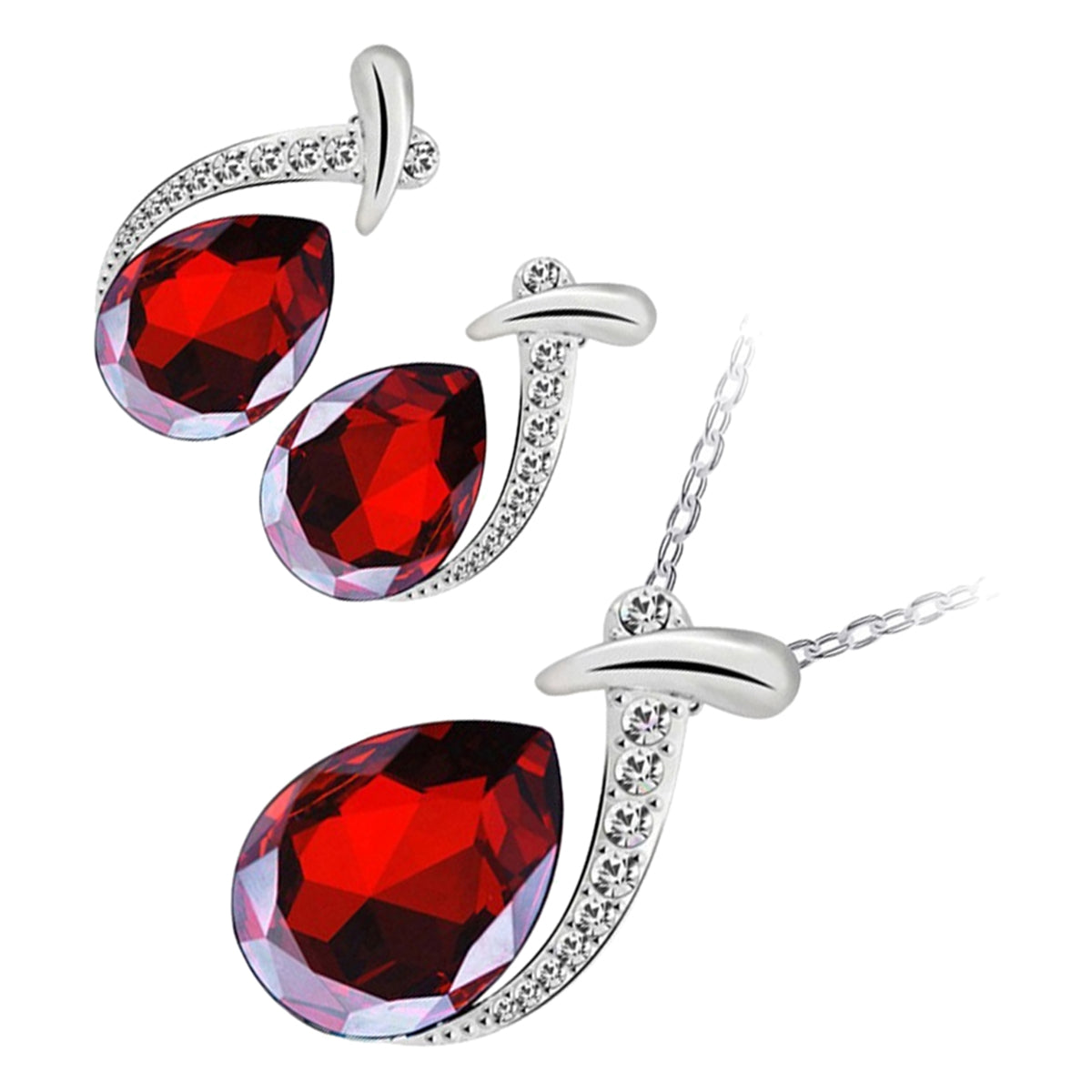 Jewellery Set 925 Sterling Silver Coated Pendant Necklace and Earrings with Water Drop Sparkling Crystal Under Band Paved with Stones