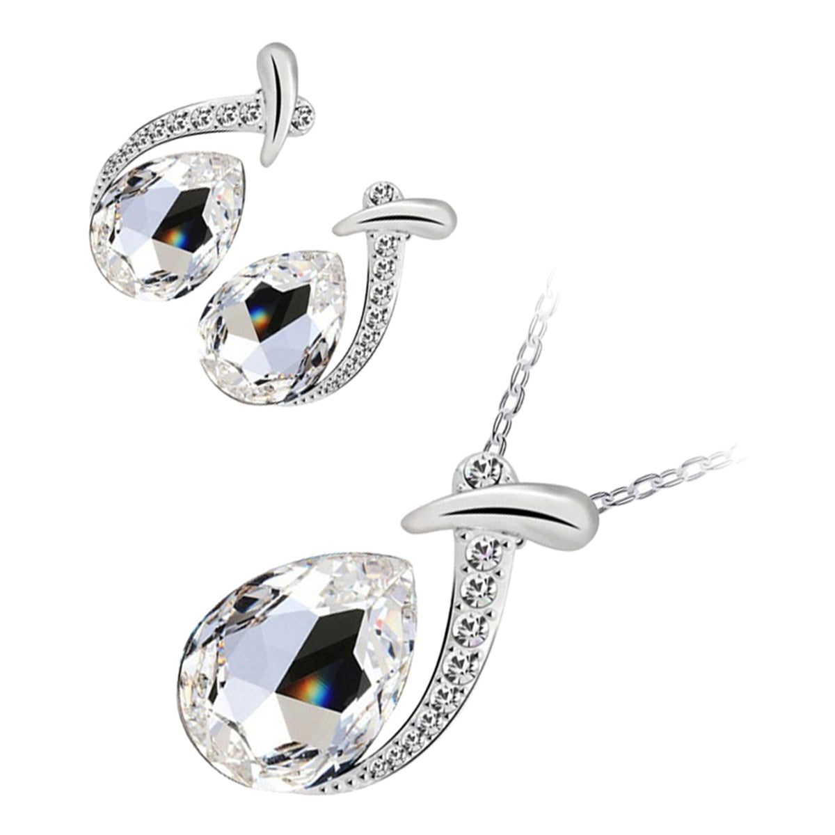 Jewellery Set 925 Sterling Silver Coated Pendant Necklace and Earrings with Water Drop Sparkling Crystal Under Band Paved with Stones