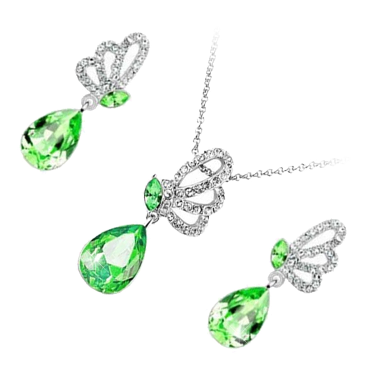 Jewellery Set 925 Sterling Silver Coated Pendant Necklace and Earrings with Teardrop Crystal and Butterfly Adorned with White Stones