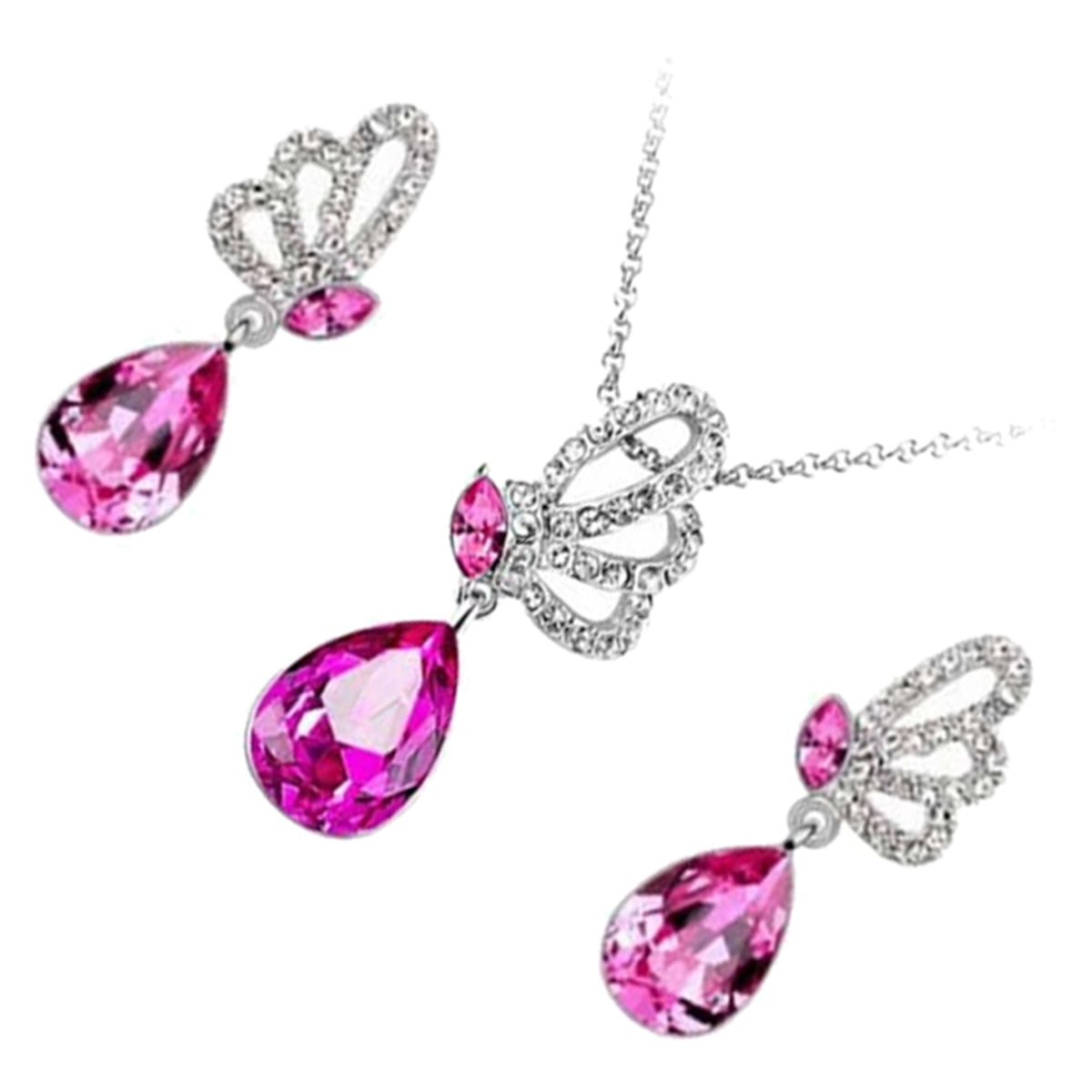 Jewellery Set 925 Sterling Silver Coated Pendant Necklace and Earrings with Teardrop Crystal and Butterfly Adorned with White Stones