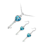 Jewellery Set 925 Sterling Silver Coated Pendant Necklace and Earrings Love Key with Heart and Row of Stones