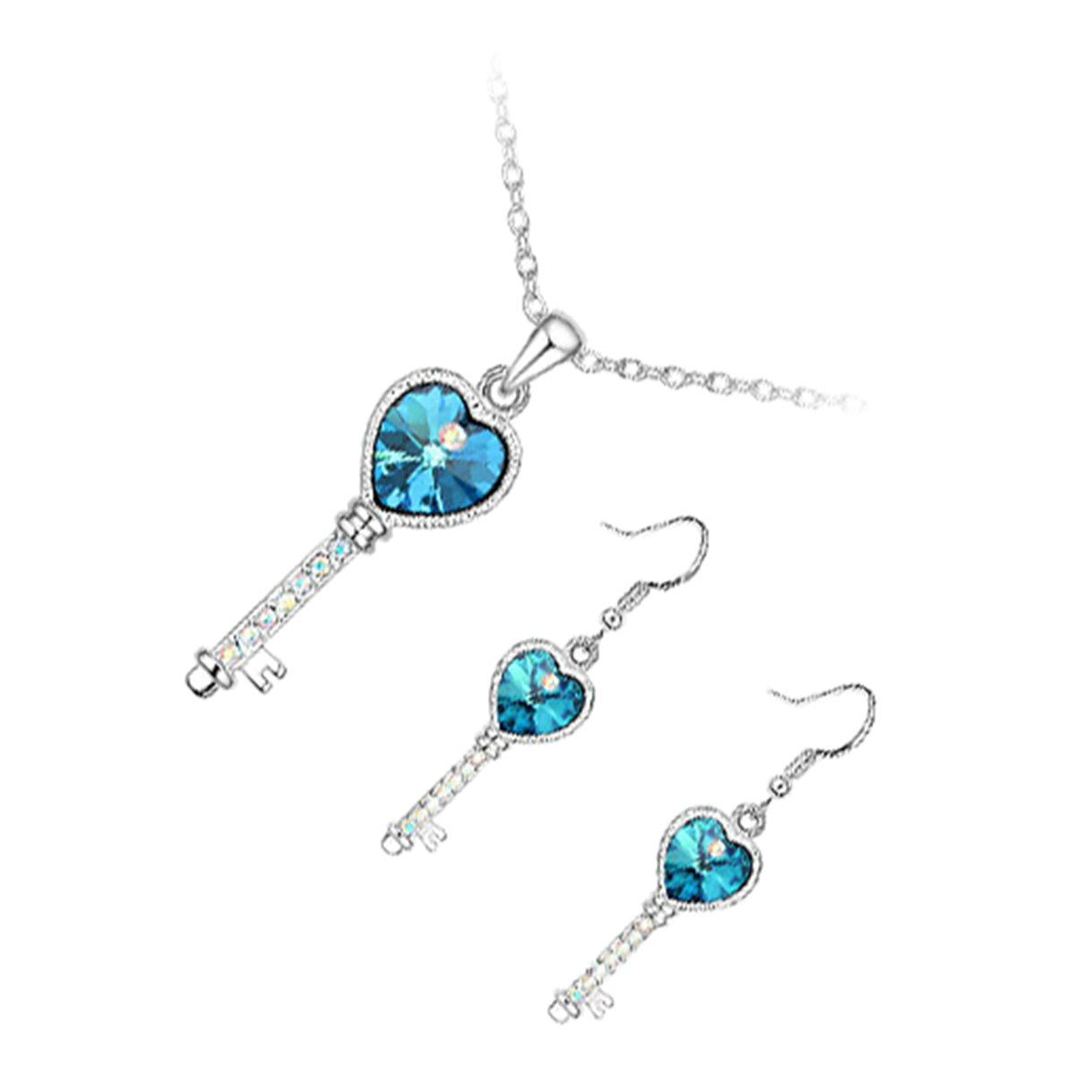 Jewellery Set 925 Sterling Silver Coated Pendant Necklace and Earrings Love Key with Heart and Row of Stones