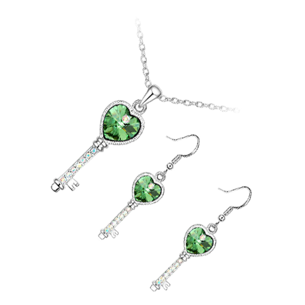 Jewellery Set 925 Sterling Silver Coated Pendant Necklace and Earrings Love Key with Heart and Row of Stones