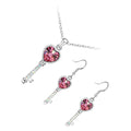 Jewellery Set 925 Sterling Silver Coated Pendant Necklace and Earrings Love Key with Heart and Row of Stones