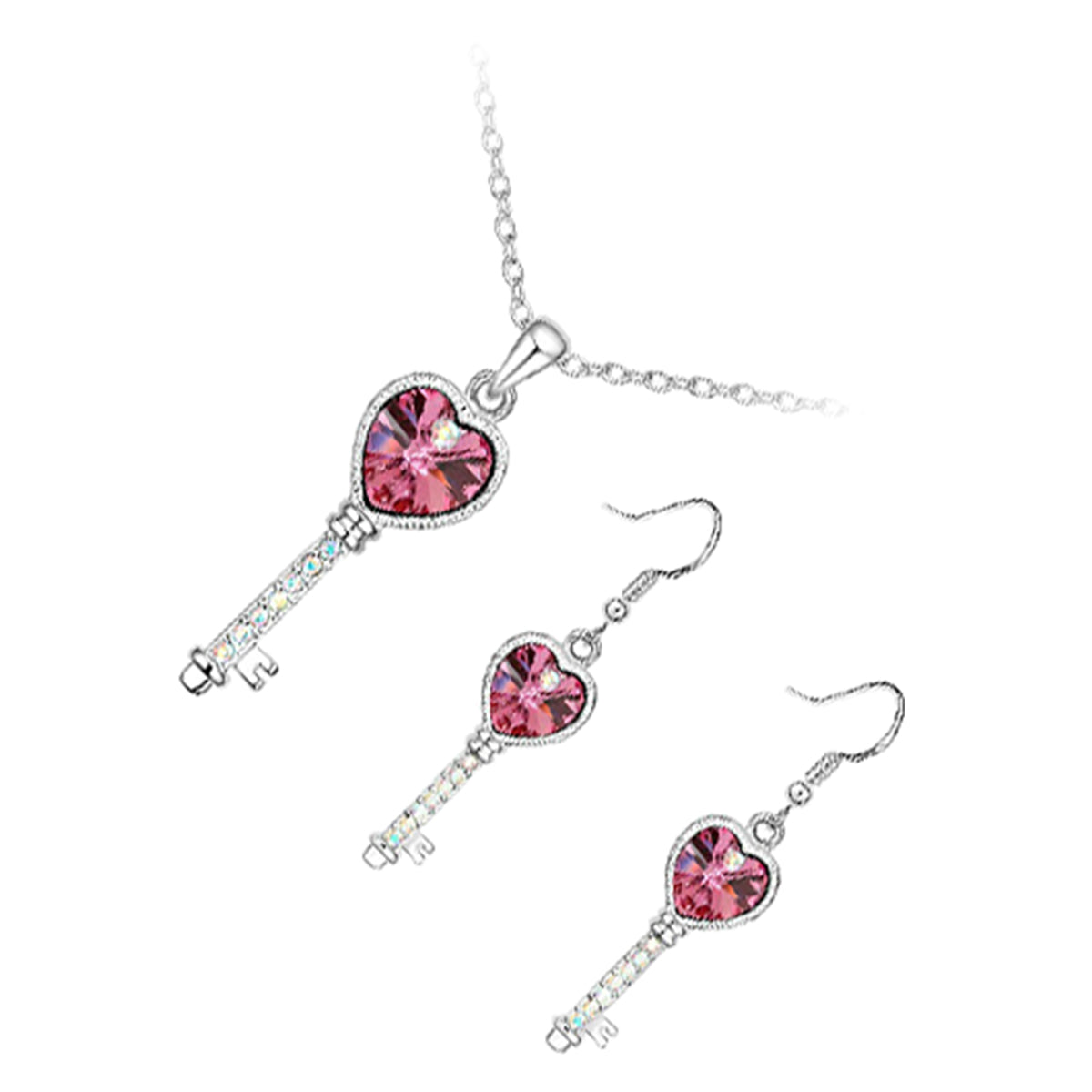 Jewellery Set 925 Sterling Silver Coated Pendant Necklace and Earrings Love Key with Heart and Row of Stones