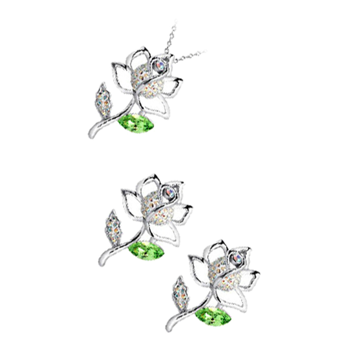 Jewellery Set 925 Sterling Silver Coated Pendant Necklace and Earrings Rose Flower Embellished with Stones and Crystal Leaf