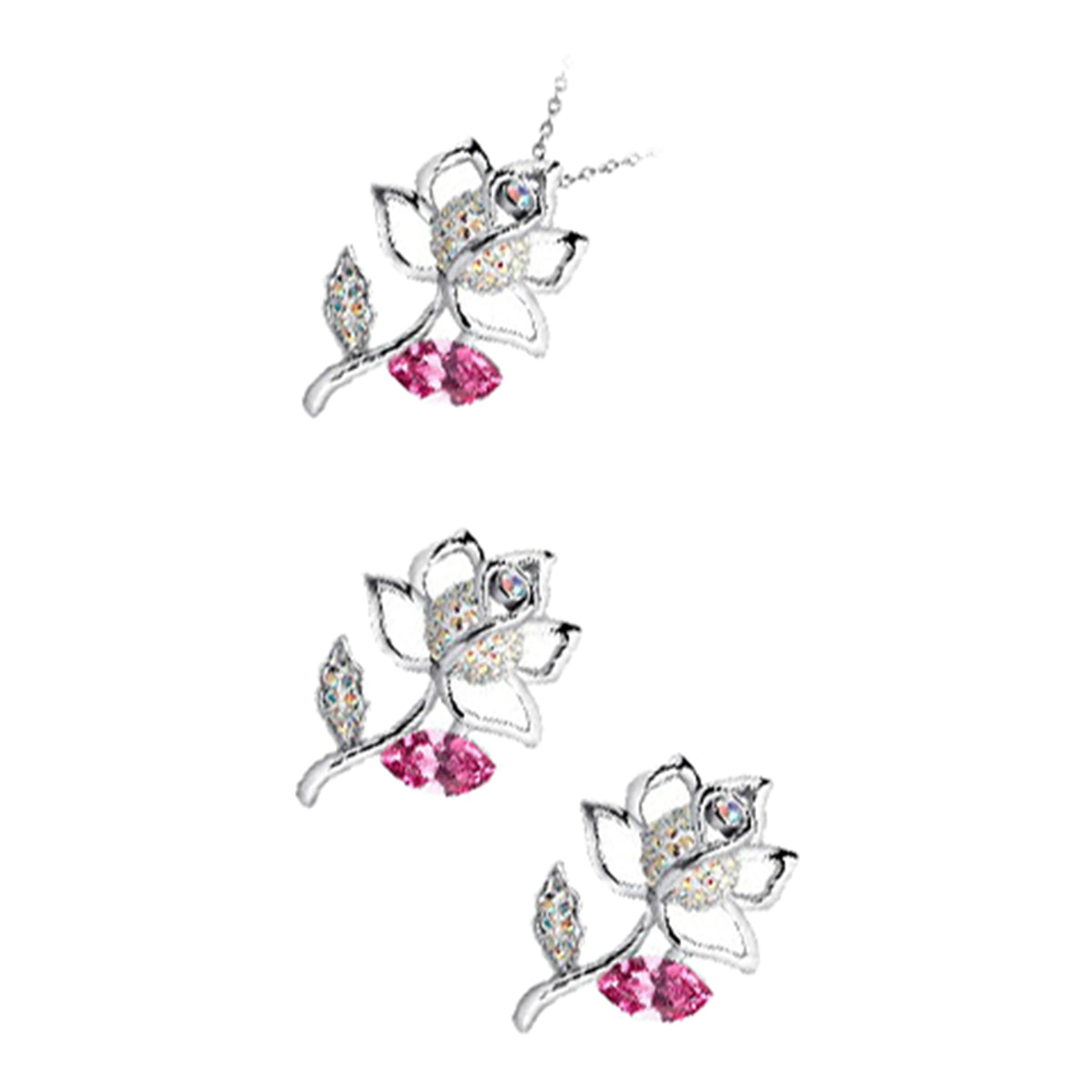 Jewellery Set 925 Sterling Silver Coated Pendant Necklace and Earrings Rose Flower Embellished with Stones and Crystal Leaf