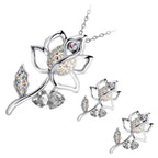 Jewellery Set 925 Sterling Silver Coated Pendant Necklace and Earrings Rose Flower Embellished with Stones and Crystal Leaf