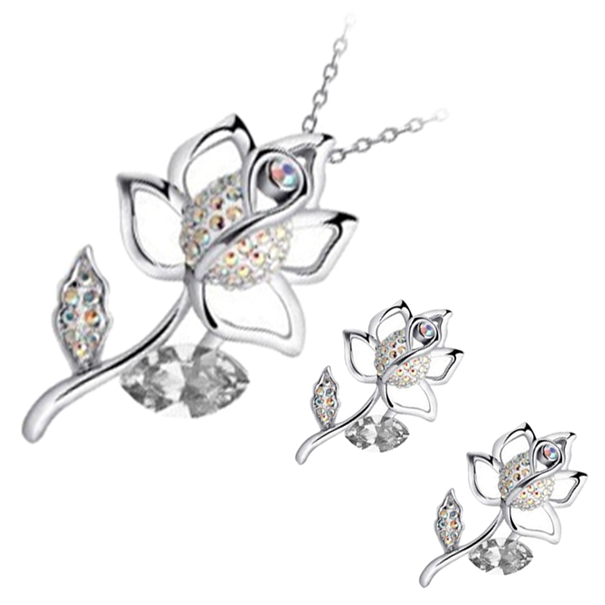 Jewellery Set 925 Sterling Silver Coated Pendant Necklace and Earrings Rose Flower Embellished with Stones and Crystal Leaf
