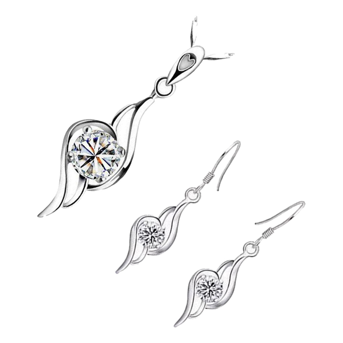 Jewellery Set 925 Sterling Silver Coated Pendant Necklace and Earrings Double Spiral Design Graced with Sparkling AAA Zircone Crystal