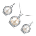 Jewellery Set 925 Sterling Silver Coated Pendant Necklace and Earrings Round Pearl Adorned with Crystals Band