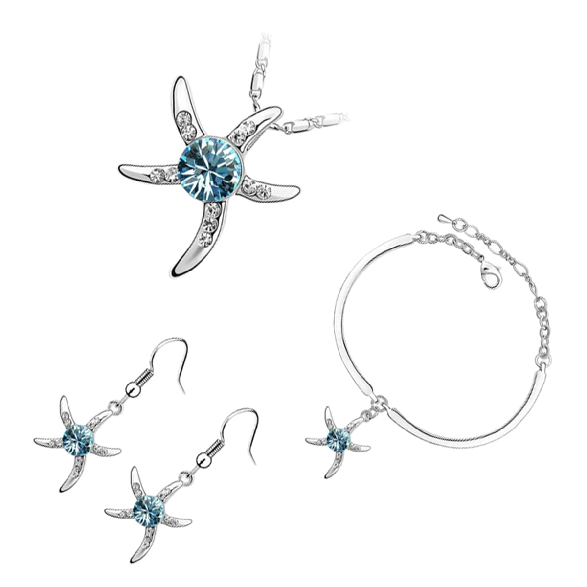 Jewellery Set 925 Sterling Silver Coated Bracelet Earrings and Pendant Necklace Starfish Adorned with Stone and Paved Crystals