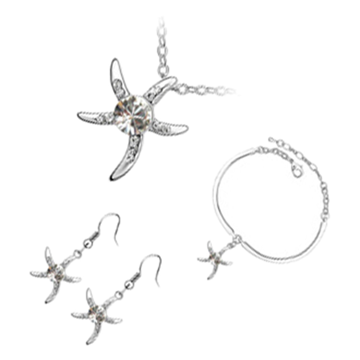 Jewellery Set 925 Sterling Silver Coated Bracelet Earrings and Pendant Necklace Starfish Adorned with Stone and Paved Crystals
