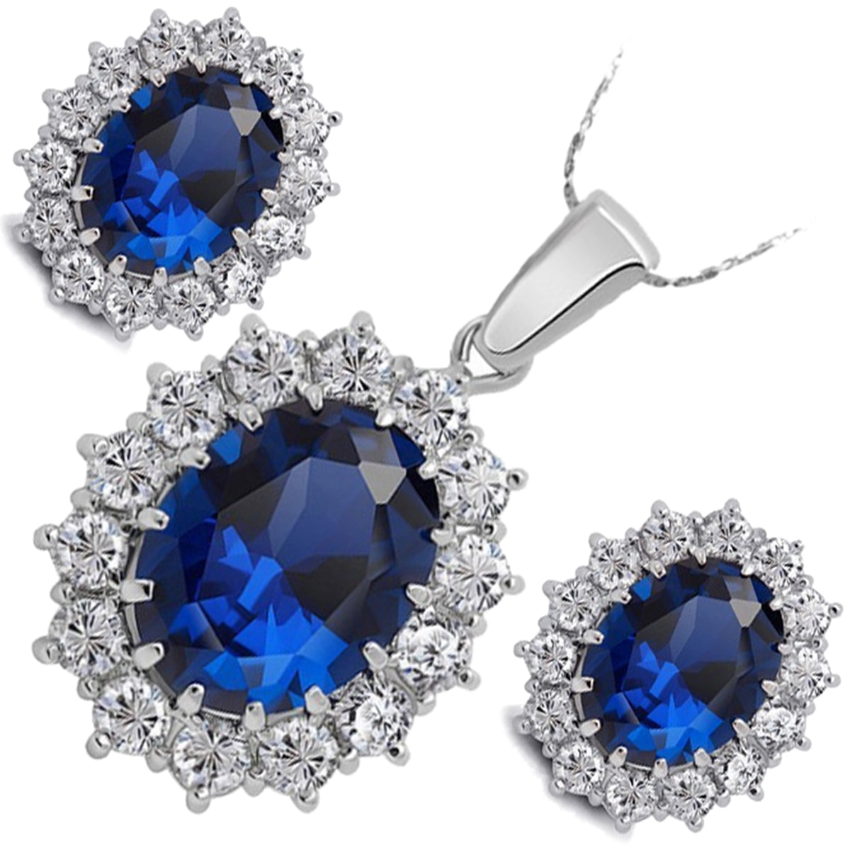 Vintage-inspired Jewellery Set 925 Sterling Silver Coated Earrings and Pendant Necklace Oval Crystal Adorned with White Stones