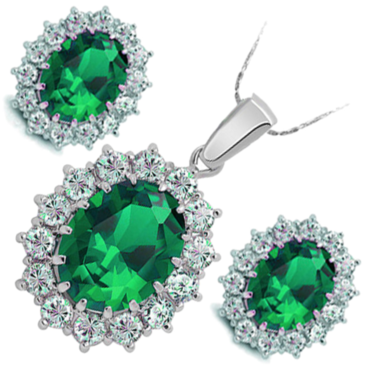 Vintage-inspired Jewellery Set 925 Sterling Silver Coated Earrings and Pendant Necklace Oval Crystal Adorned with White Stones