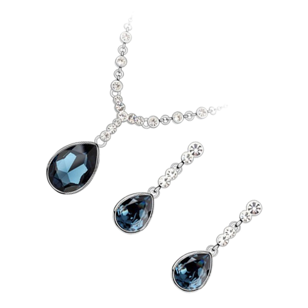 Jewellery Set 925 Sterling Silver Coated Pendant Necklace and Earrings Teardrop Sparkling Crystal Pendant on Chain Graced with Round Stones