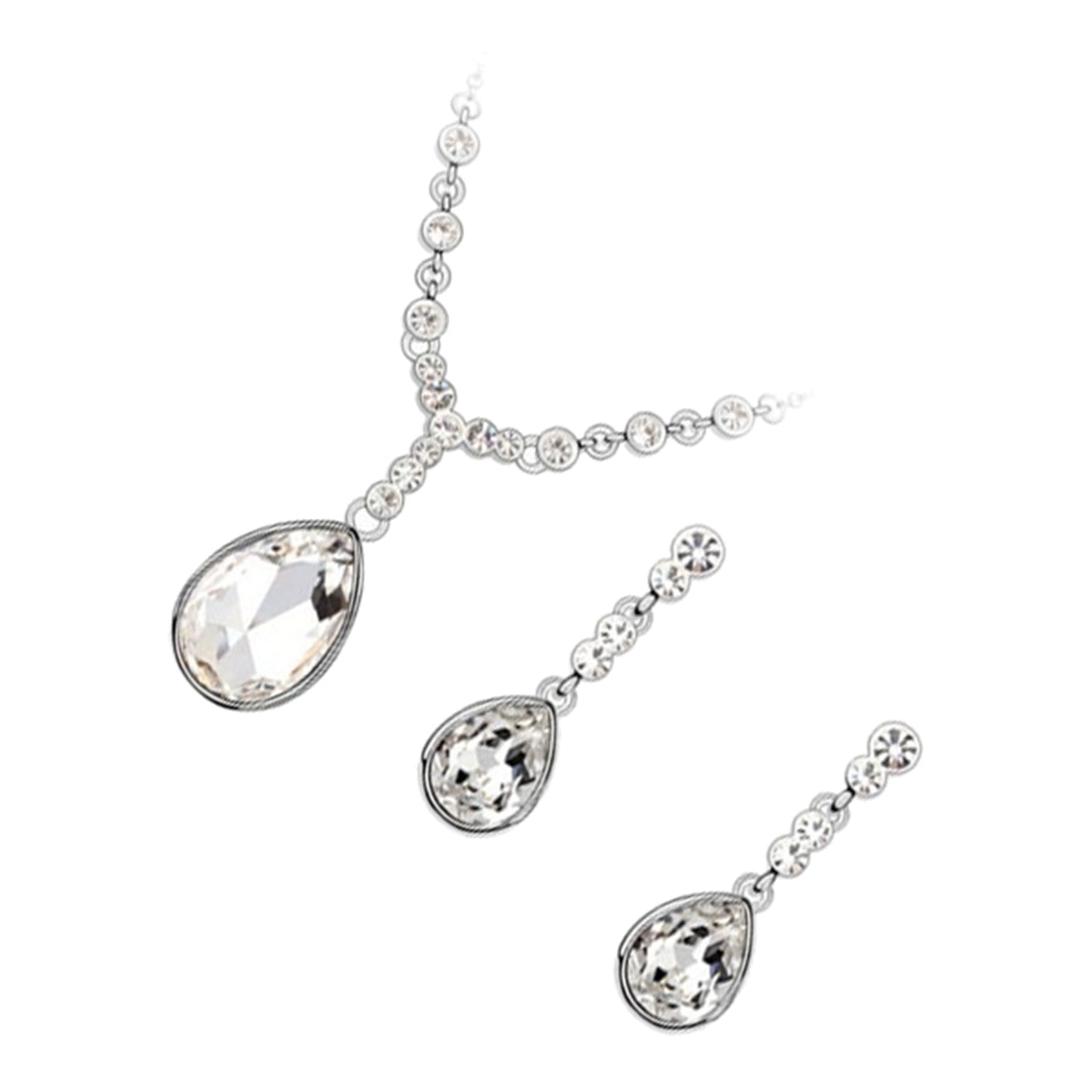 Jewellery Set 925 Sterling Silver Coated Pendant Necklace and Earrings Teardrop Sparkling Crystal Pendant on Chain Graced with Round Stones