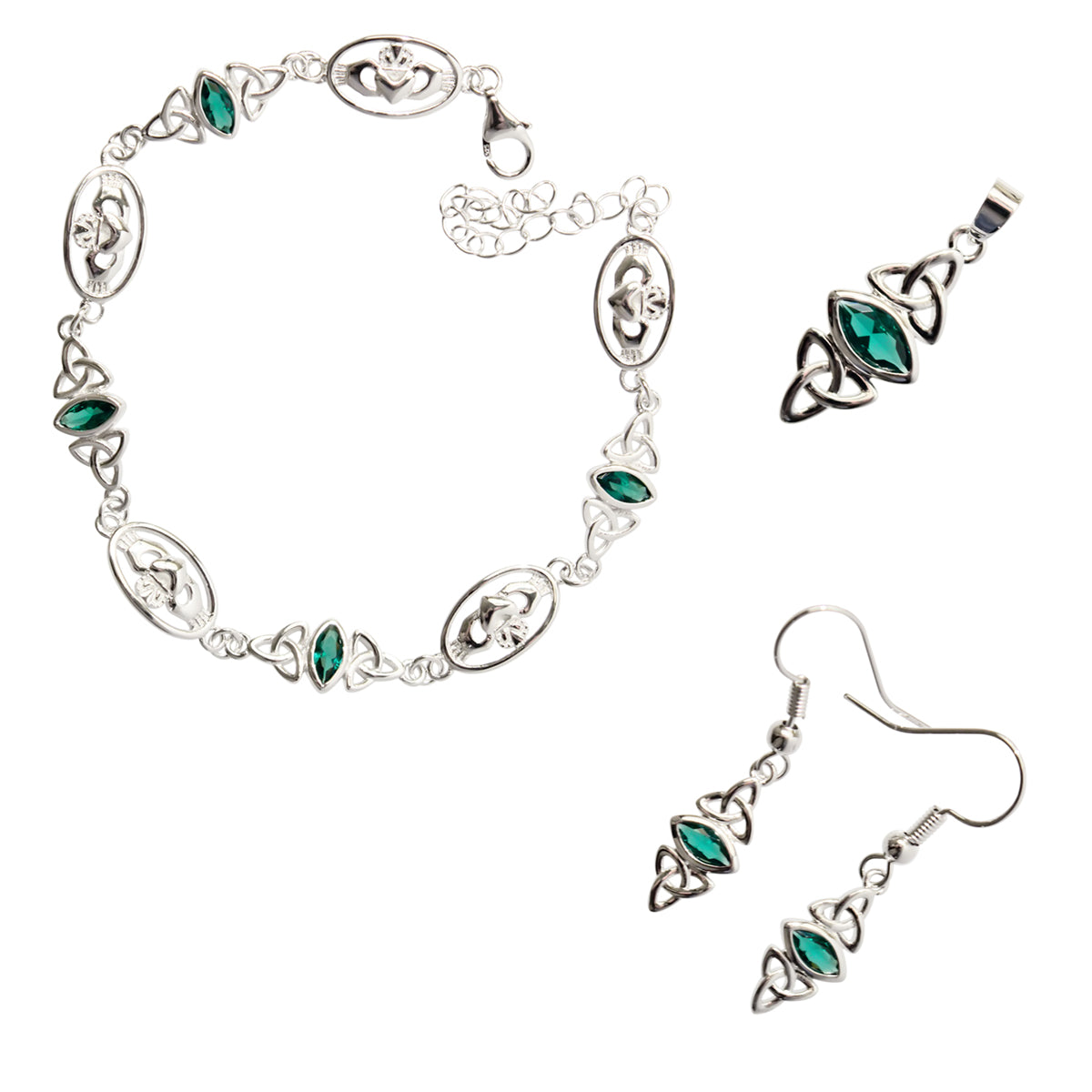 Jewellery Set 18K White Gold Coated Claddagh and Celtic Trinity Knot Graced with Marquise Crystal Links Bracelet, Earrings and Pendant Necklace