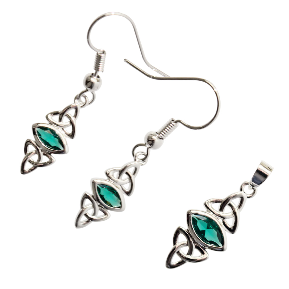 18K White Gold Coated Jewellery Set Double Celtic Trinity Knot Embracing Navette Cut Stone Earrings and Pendant Necklace