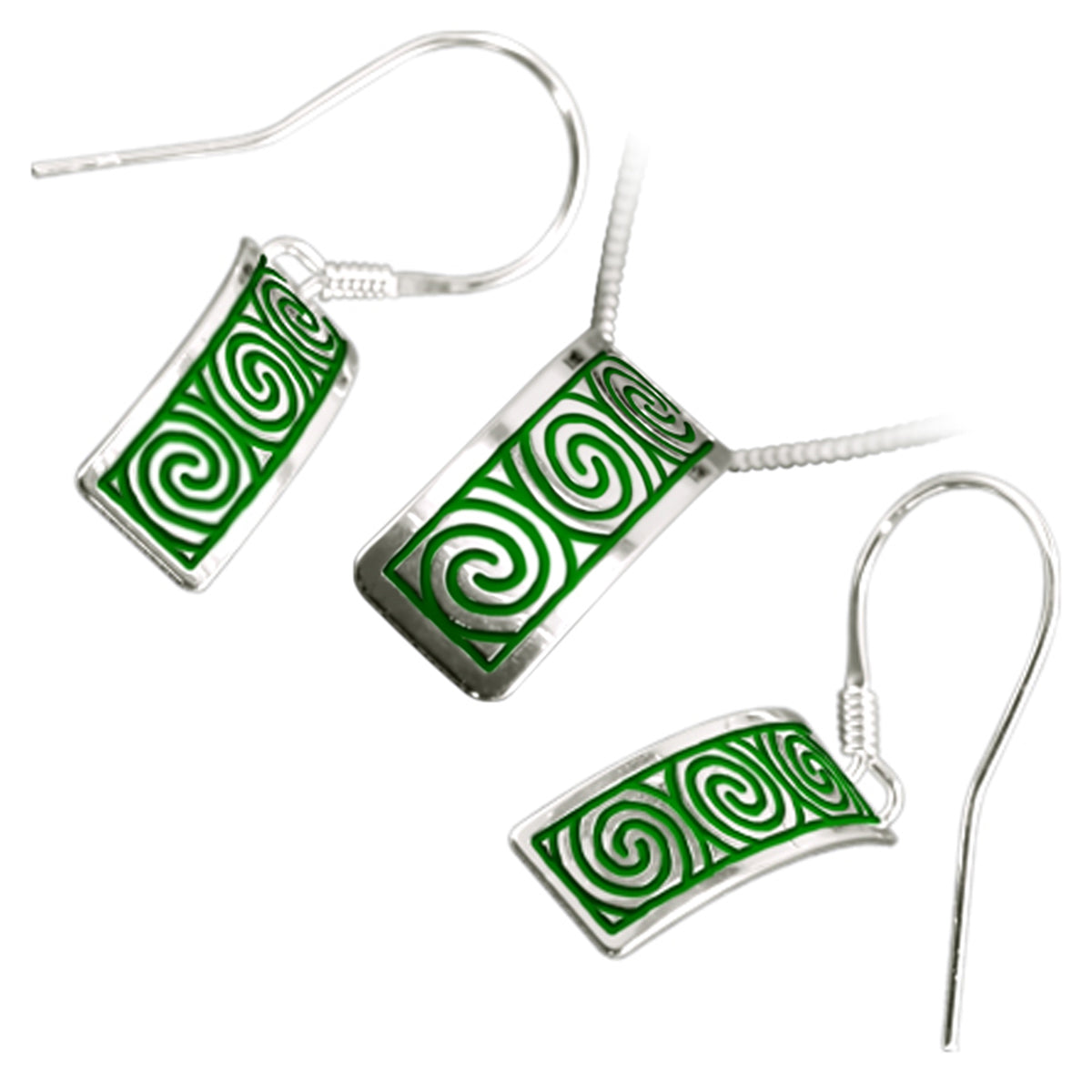 925 Sterling Silver Set of Earrings and Pendant Necklace Rectangular Celtic Newgrange Spirals in Enamel