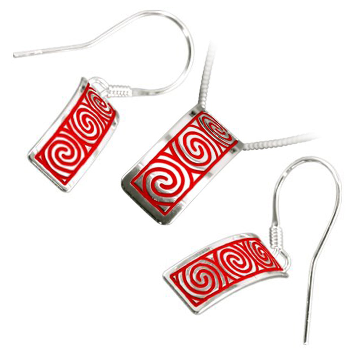925 Sterling Silver Set of Earrings and Pendant Necklace Rectangular Celtic Newgrange Spirals in Enamel