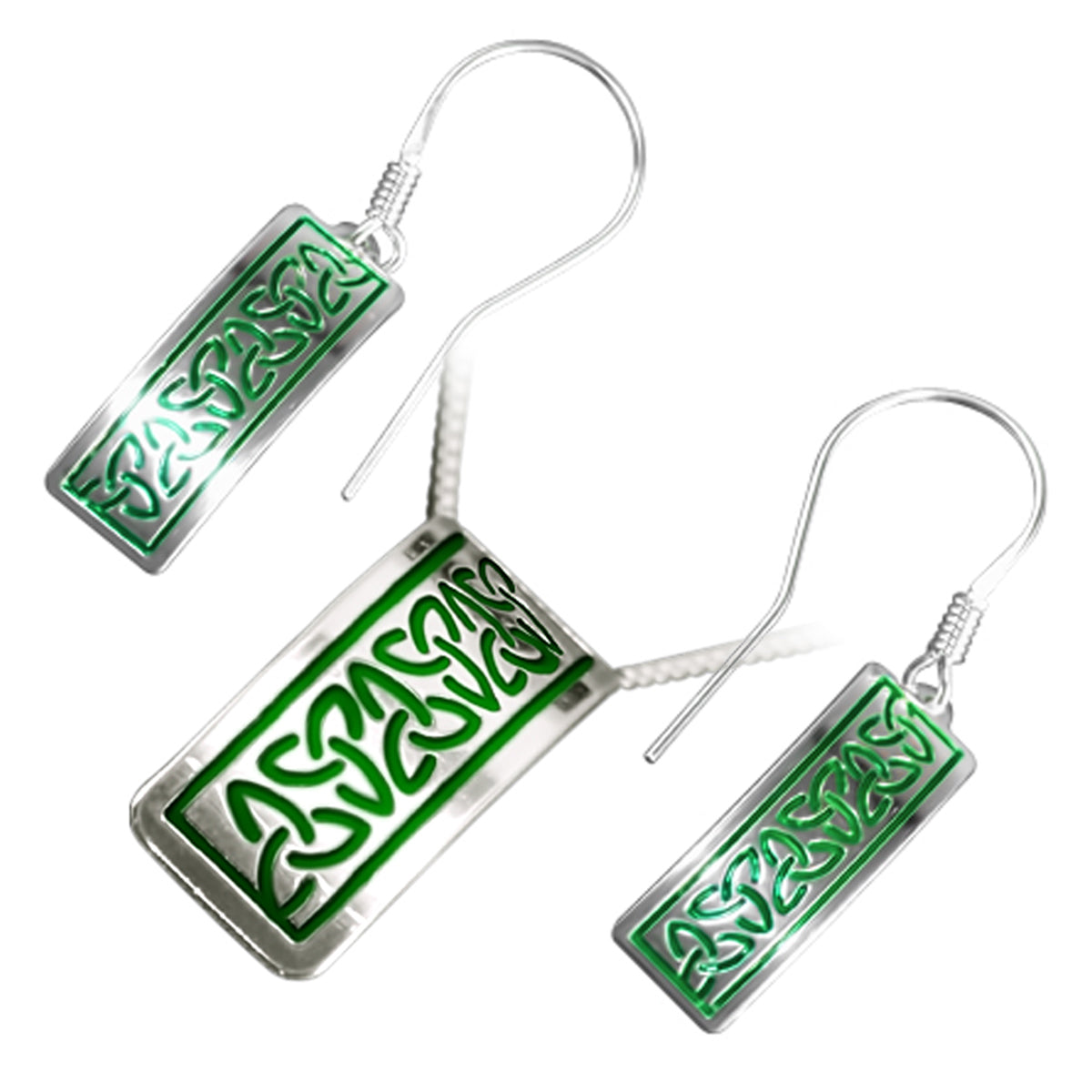 925 Sterling Silver Jewellery Set of Earrings and Pendant Necklace Rectangular Celtic Trinity Knots in Enamel
