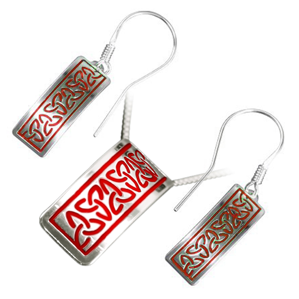 925 Sterling Silver Jewellery Set of Earrings and Pendant Necklace Rectangular Celtic Trinity Knots in Enamel