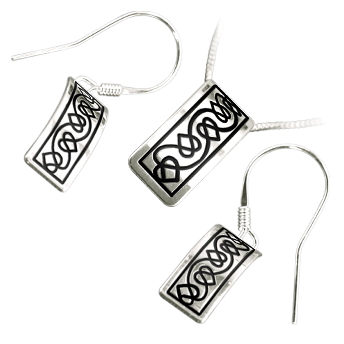 925 Sterling Silver Jewellery Set of Earrings and Pendant Necklace Rectangular Celtic Hearts in Enamel