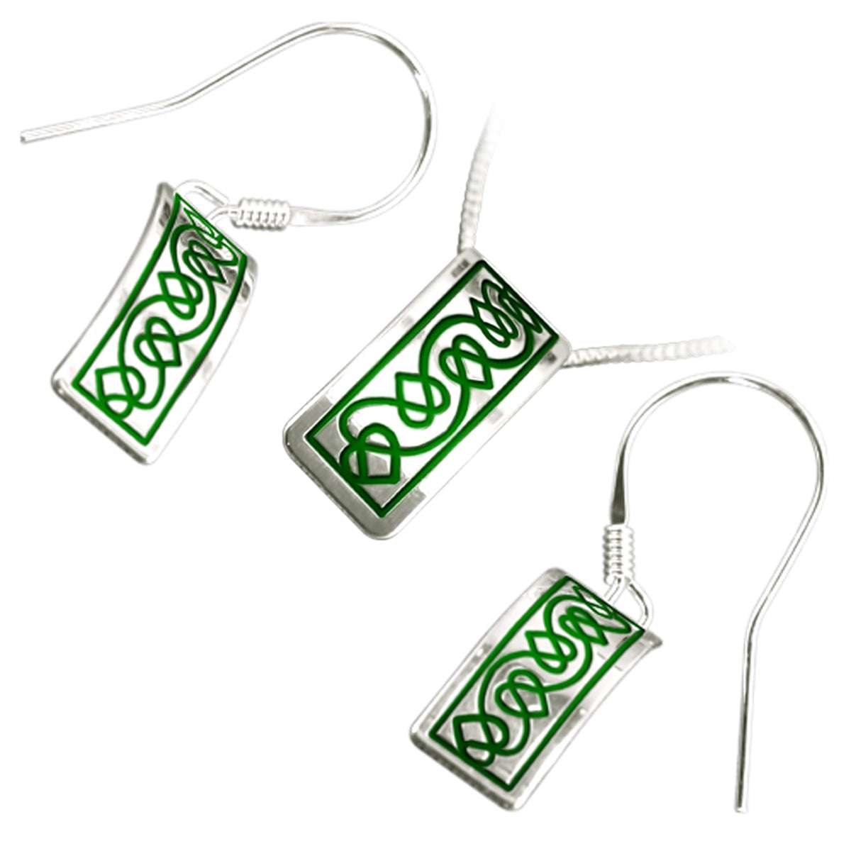 925 Sterling Silver Jewellery Set of Earrings and Pendant Necklace Rectangular Celtic Hearts in Enamel