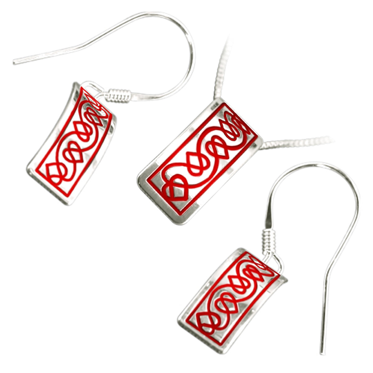925 Sterling Silver Jewellery Set of Earrings and Pendant Necklace Rectangular Celtic Hearts in Enamel