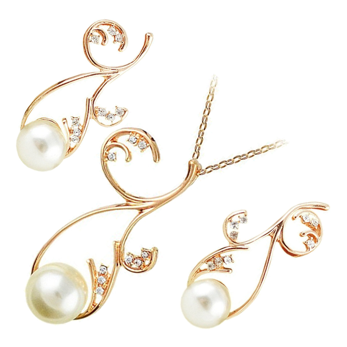 Jewellery Set Precious Metal Coated Pendant Necklace and Earrings with Flower Branches Design Adorned with Diamond Clear Crystals and Inline White Pearl