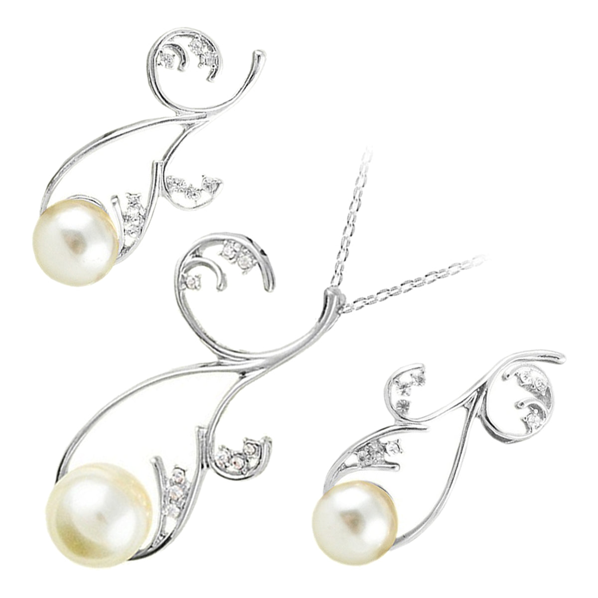 Jewellery Set Precious Metal Coated Pendant Necklace and Earrings with Flower Branches Design Adorned with Diamond Clear Crystals and Inline White Pearl